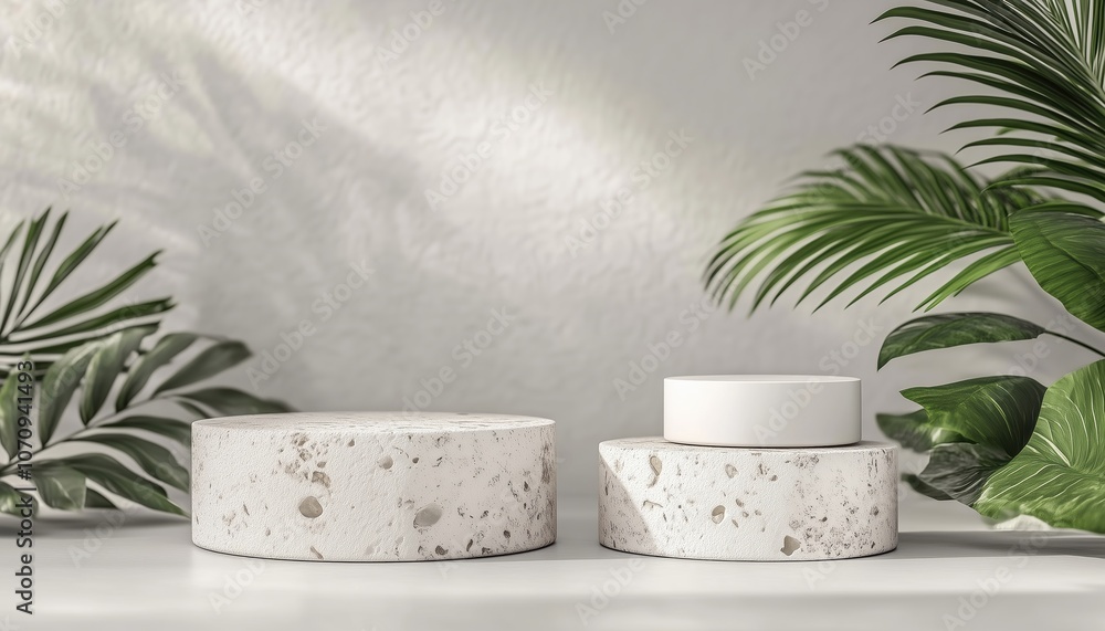 Poster white stone podium for product display in 3d rendering with a cosmetic finish for a modern and sophi