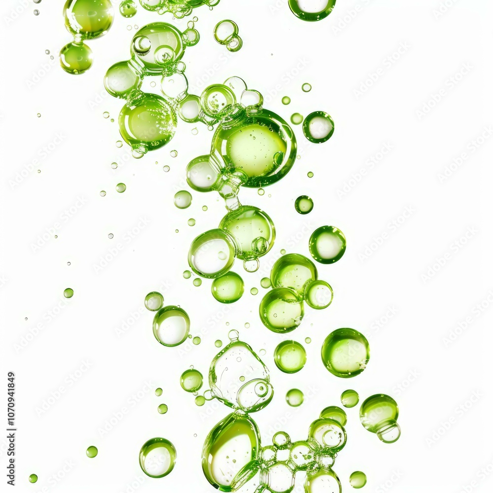Poster green bubbles of different sizes are rising on a white background creating an abstract pattern