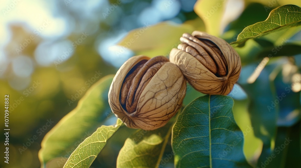 Poster image of two nuts hanging from a tree branch with leaves