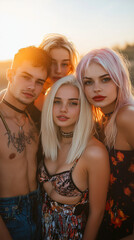 Fototapeta premium Four young adults, one man and three women, are striking a pose on the beach as the sun sets in the background