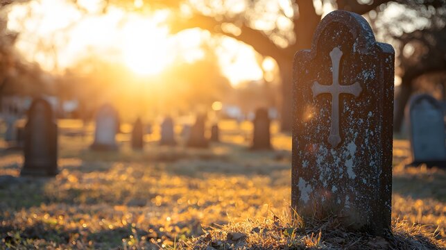 Quiet graveyard field by weathered headstones and fall trees in gentle morning light. Visit a Cemetery Day history and legacy