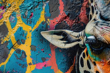 Close-up view of a giraffe painted on a wall