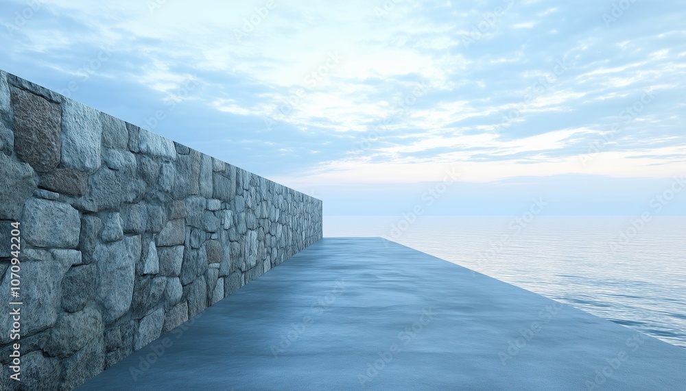 Poster 3d rendering of an empty concrete footpath with a building wall landscape overlooking the sea.