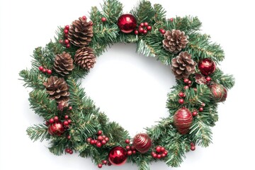 A festive Christmas wreath decorated with pine cones, ornaments and other holiday elements