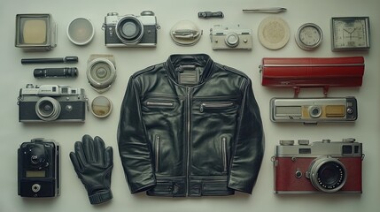A black leather jacket surrounded by vintage cameras and other accessories on a white background.