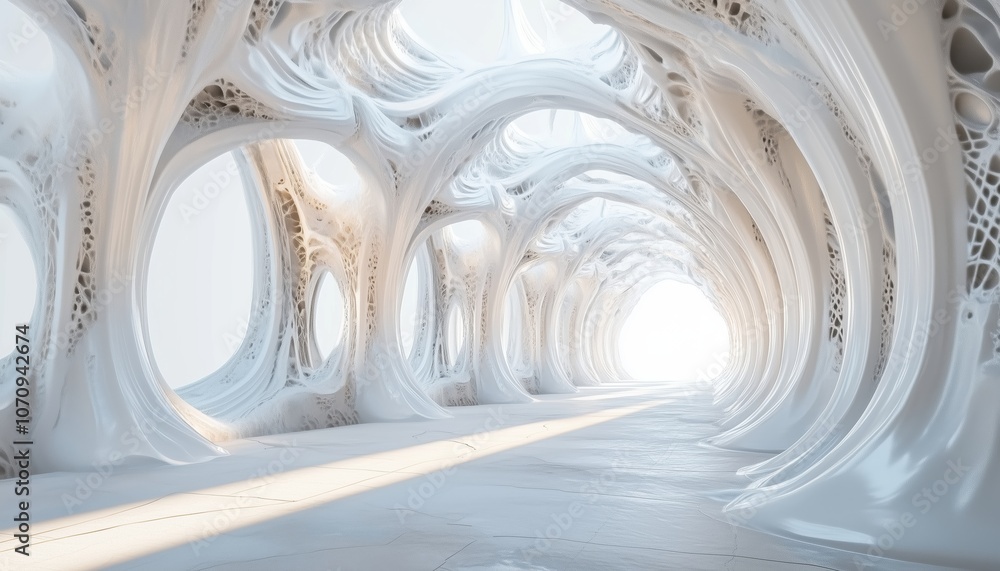 Poster futuristic spaceship corridor: 3d render of abstract white sci-fi tunnel with a 3d rendering technol