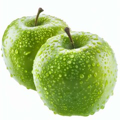 Two whole ripe green granny smith apples with stems, covered with water droplets