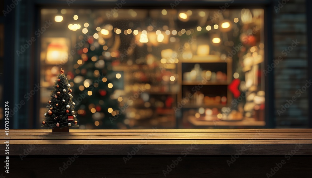 Poster charming christmas tree and festive window display with rustic wooden table for product showcase at 