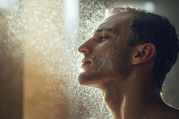 A man enjoying a refreshing shower in a sunlit bathroom with water droplets glistening on his face in the early morning. Generative AI