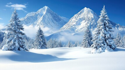 Fototapeta premium Snow-capped mountains and fir trees in a winter wonderland.
