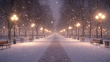 Snowy path with street lights and benches.
