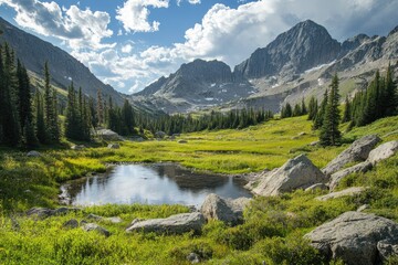 Fototapeta premium Mountain Valley With A Small Pond And Surrounding Vegetation