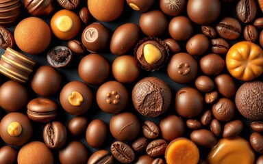 A close-up view of assorted chocolates and coffee beans, perfect for a sweet treat or a delicious...