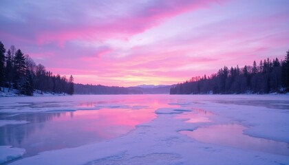 Fototapeta premium Frozen lake at dawn, calm and ethereal in soft pinks and purples
