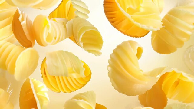 Close-up of delicate, curled butter shavings in soft, warm lighting, emphasizing texture and richness