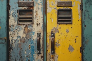 Two Weathered Metal Doors with Handles and Chipped Paint