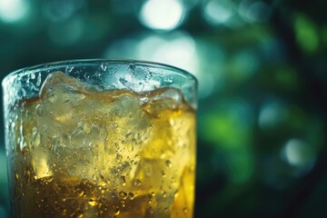 A clear liquid with ice and garnish, perfect for capturing the essence of a cocktail or beverage