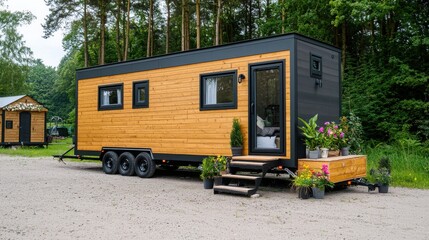 A stylish, modern tiny house on wheels features a wooden exterior and is surrounded by greenery, presenting a minimalist living option.