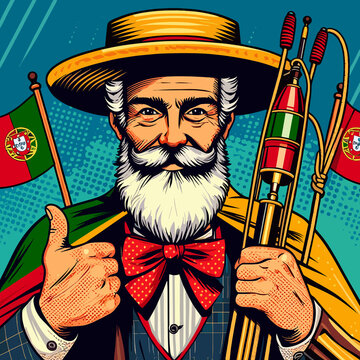 portrait of Olentzero from Portugal in vibrant pop art style, bold and bright colors with sharp outlines, traditional Basque character depicted with a cheerful expression