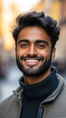 Fototapeta premium Stylish young man exudes confidence and happiness in a trendy green jacket and black turtleneck on an urban street during autumn or winter. Ideal for casual fashion inspiration