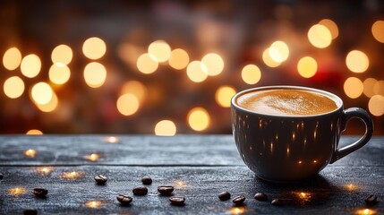Cozy Coffee Cup in Warm Bokeh Lighting on Rustic Wooden Table with Coffee Beans - Perfect Relaxation and Comfort Scene for Cafes and Home Enjoyment