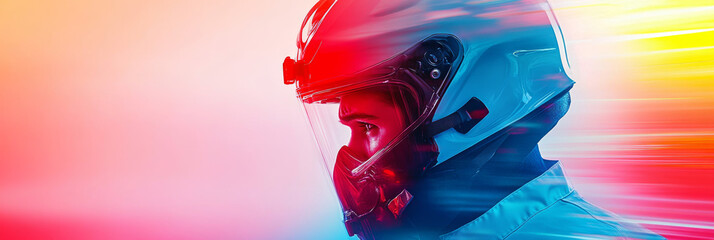 A man wearing a blue helmet, looking towards the right, against a colorful background.