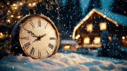 An animated countdown clock in a cozy winter village with soft snow falling, space above for New Year wishes, creating a celebratory and warm atmosphere.