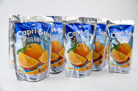 Nova Bana, Slovakia - November, 8, 2024 : Capri-Sun juice concentrate drink isolated on white background. Capri sun orange fruit drink is free from artificial colours, flavours and preservatives.