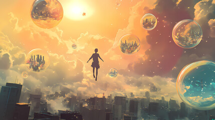 Create a surrealistic painting of a person floating above a cityscape, with dream bubbles showing scenes of surreal and fantastical events. Surreal. Illustration
