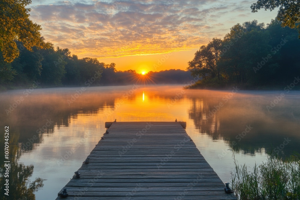 Poster a tranquil dock scene at sunset, perfect for use as a background or in editorial content