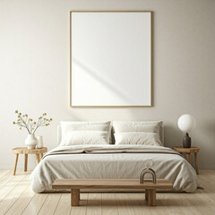 modern and elegant bedroom with a serene ambiance. The room features a large bed with a plush headboard and soft bedding in neutral tones