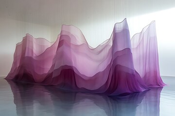 A purple gradient fabric sculpture flows in a gallery space.
