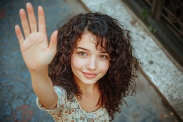 A young girl with curly hair and a friendly expression waving her hand in a casual pose