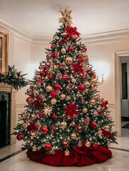 Magnificent Christmas Tree Decorated with Red and Gold Ornaments