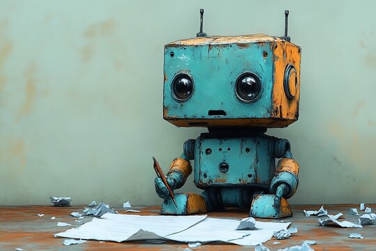 A vintage robot sits at a desk writing on paper, surrounded by crumpled pages.