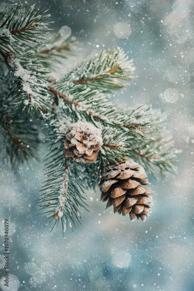 Poster a natural scene featuring a pine tree branch with a pine cone attached, ideal for use in nature-insp