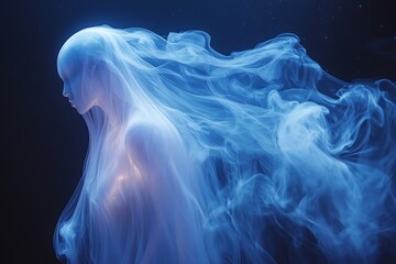 A woman shrouded in ethereal blue smoke against a dark starry night