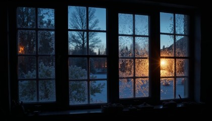 Frosty night window background with dark glass illuminated by a warm glow creating a cozy atmosphere