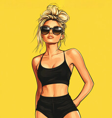 In a pop art style a woman poses confidently in a black crop top and shorts.