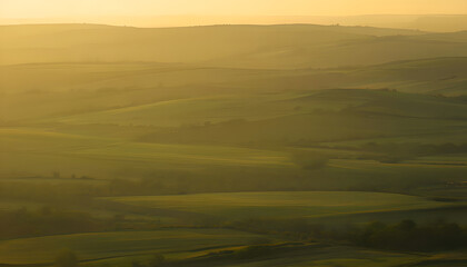 Fototapeta premium A panoramic view of a Maldivian island at dawn where the first light of day casts a golden glow on the landscape.