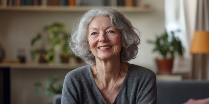 A smiling elderly woman with gray hair radiates warmth and joy in a cozy living room. The background features plants and soft lighting. This image captures a peaceful domestic atmosphere. AI