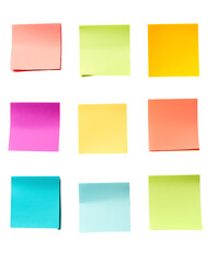 Nine colorful sticky notes arranged in a grid. Isolated on transparent white background, png