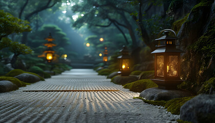 A romantic scene of a lantern-lit pathway in a serene Zen garden with carefully raked gravel and peaceful ambiance.