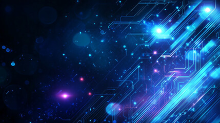 Futuristic abstract background featuring neon light trails and circuits, set in a dark tech-themed environment with a soft glow and bokeh effects