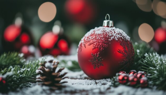 Festive Red Christmas Decorations Enhanced By Falling Snowflakes - A Winter Wonderland Celebration Of The Holidays In A Crimson Landscape