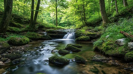 Obraz premium Ancient forest, high canopies, peaceful stream, untouched nature, pure serenity.