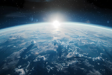 Obraz premium A stunning view of Earth from space at sunrise, showcasing swirling clouds and shimmering oceans in a serene cosmic atmosphere.