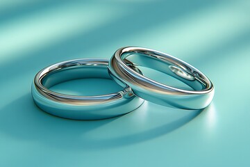 Two silver wedding rings on a turquoise background