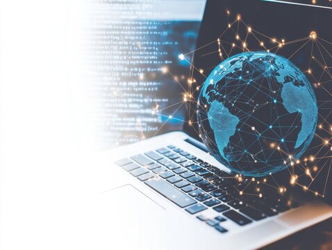 a globe on the table next to an open laptop, symbolizing global connectivity and online presence Web banner with copy space Generative AI