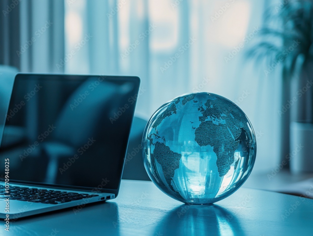 Poster a blue glass globe is placed on the table next to an open laptop, creating a clean and minimalist ba
